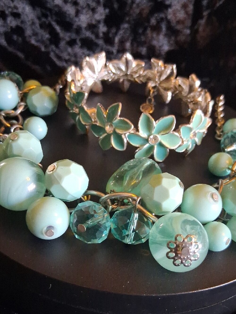Aqua Beaded Statement Necklace and Floral Bracelet Set - Picture 2 of 10